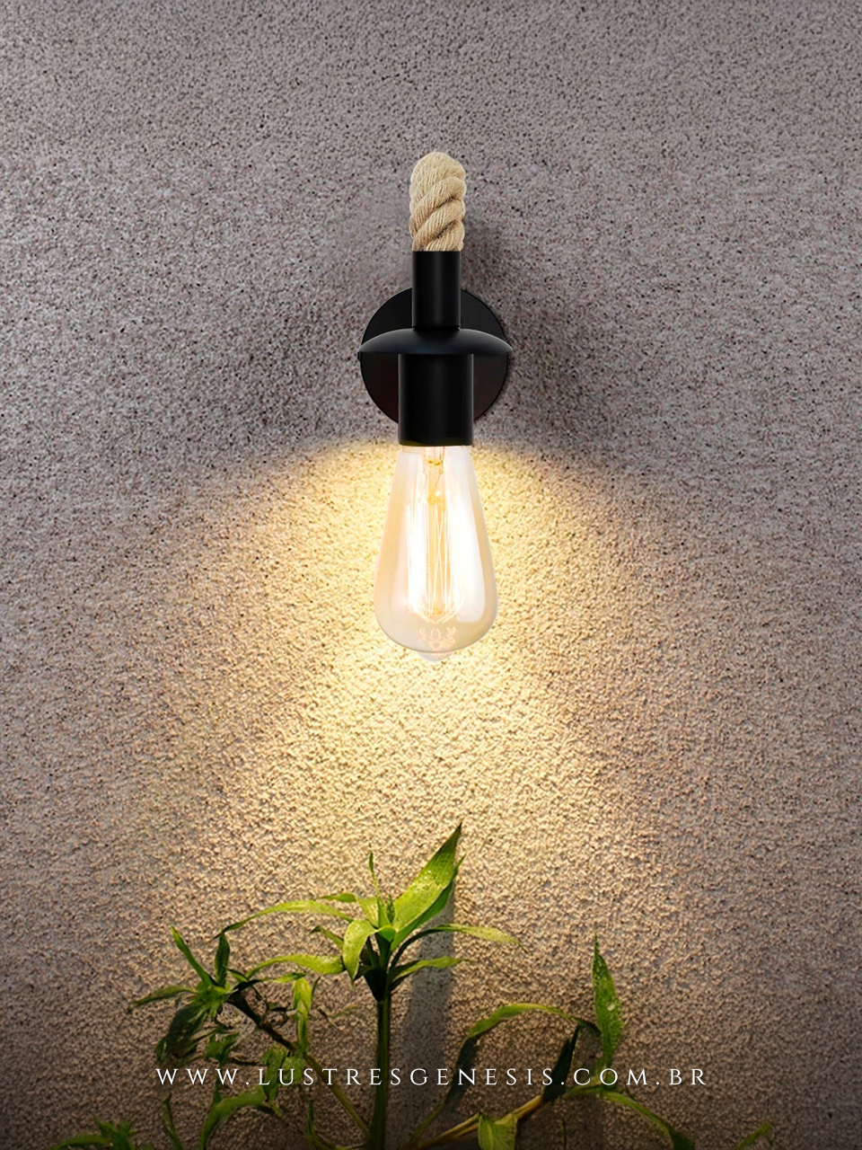 Arandela rústica Doca Preta com base circular preta e detalhe em corda de sisal, ideal para áreas gourmet, quartos, sala de estar, hall de entrada e corredor.